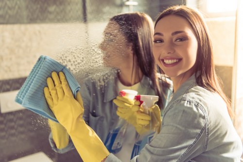 Protective gloves and cleaning gear used during carpet cleaning